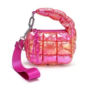 NWT Iridescent Micro Mini Puffer Quilted Wristlet Bag Charm Pink Iridescent